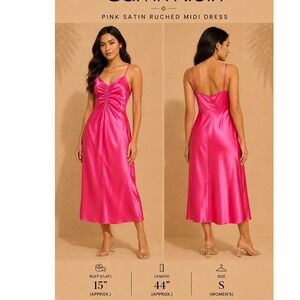 A New Day Hot Pink Satin Ruched Midi Dress Small Fuchsia Slip Cocktail Dress
